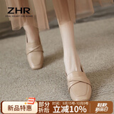 ZHR乐福鞋女一脚蹬真牛皮粗跟单鞋懒人鞋方头舒适英伦皮鞋女BL66杏37