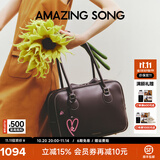 Amazing Song乙颂吐司包大号细纹牛皮枕头包大容量通勤单肩手提波士顿公文包女 深巧克力【可放14寸电脑】