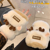 沐驰斯顿鹿角毛绒手套女冬季加厚保暖可爱学生骑车防寒露指半指翻盖手套 奶白色【毛绒绒翻盖款】 均码 1双