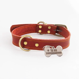 KAMPET牛皮狗项圈狗绳牵引绳狗圈颈圈狗脖圈狗脖套定制刻字宠物身份牌 红色狗项圈+不锈钢骨头狗牌 中号2.5(脖围40-50CM