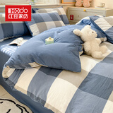 红豆家纺亲肤水洗棉床上四件套简约床单学生宿舍被套裸睡被罩家用床上用品 蓝大格+宾利蓝【亲肤柔软 裸睡】 1.8m 床单款 四件套-被套200*230cm