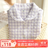 眠岛2025年秋季新款加厚夹棉冬款情侣睡衣女日系春季格子空气层家居服 女款 紫格LZ1253 L