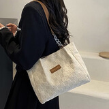 途尊大容量包包女2024新小众设计学生上课通勤托特包高级感单肩斜挎包 华夫绒格链条米白色 【有内衬+拉链】