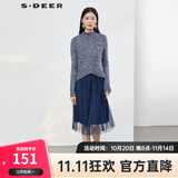 sdeer圣迪奥冬季通勤女装优雅风琴毛衣两件吊带褶皱中长款连衣裙S20461210 炭黑蓝/94 M/165