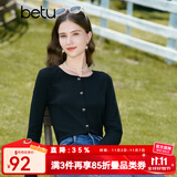 百图betu女装秋新款T恤圆领长袖精致蝴蝶结纽扣针织T恤女2308T19 黑色 S （黑色预售11/10发货）