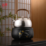 龙善堂日本细工坊银壶足银9999烧水壶纯手工一张银功夫茶具泡茶煮茶壶 小满磨砂亚光大号-单壶+莺歌烧电陶炉 1150ml