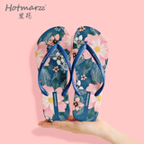 黑玛人字拖女夏季外穿拖鞋印花时尚百搭沙滩防滑防臭平底凉拖鞋 深蓝色 37