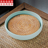 古德窑 复古壶承壶垫陶瓷干泡台日式紫砂养壶底座茶承茶具配件定制壶托储水式 粗陶《水蓝色+藤编垫》壶承
