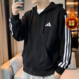 阿迪达斯（adidas）外套男装2025冬季新款跑步运动服加绒加厚保暖针织连帽夹克开衫 JD1870黑色/经典三条杠/加绒 M