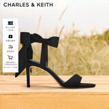 CHARLES&KEITH一字带缎面蝴蝶结绑带高跟凉鞋子女鞋生日圣诞礼物CK1-61720177 BLACK TEXTURED黑色纹理 35