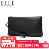 ELLE HOMME男士手包 平纹头层牛皮拉链钱包大容量手拿包时尚男包EB282300350黑色  生日礼物送男友