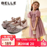 百丽童鞋女童皮鞋公主鞋小女孩水晶鞋春秋单鞋表演鞋 粉色28码