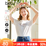 百图betu女装春夏新款T恤短袖圆领字母袖口卷边百搭T恤女2302T17 白色 S