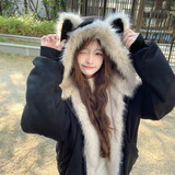 诗丹蕊棉服女款2025新款韩系超好看座山雕夹棉外套小个子棉衣冬季棉袄 黑色耳朵 均码 【可备注码数】