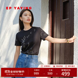 EP雅莹女装 细绒棉白色雅韵印花短袖t恤衫上衣 商场同款5317A 黑色 M