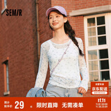 森马（Semir）长袖T恤女设计感满印修身叠穿2025春季薄透网纱上衣109125101007