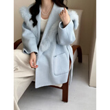 傲列摩卡少女2025秋冬双面羊绒大衣女中长款毛呢外套狐狸毛皮草海军领 浅蓝色(羊毛＋真狐狸毛) S 体重85-115斤