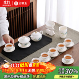 金镶玉功夫茶具整套装陶白瓷家用泡茶盖碗高端送人礼盒 羊脂玉金亭山水