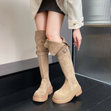 梵昇昱长筒靴女新款小众皮带扣绒面两穿过膝长靴复古百搭厚底高筒骑士靴 厚底长筒靴【卡其】 37