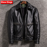 Show Stage复古石磨做旧头层牛皮真皮皮衣男士翻领夹克潮流机车服外套上衣 黑色 2XL