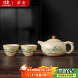 祥业song杯子汝窑泡茶壶陶瓷大号功夫茶具西施壶汝瓷单壶提梁壶泡茶器 黄汝窑千里江山茶壶+2杯 200ml