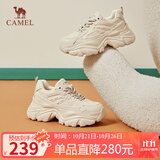 骆驼（CAMEL）老爹鞋女网布皮面拼接双系带厚底休闲鞋 L24S283079 杏色 35