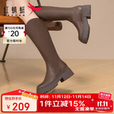 红蜻蜓骑士靴女秋冬长筒靴厚底高筒靴百搭瘦瘦靴皮靴WTC43811棕色39