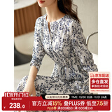 尚都比拉新中式国风连衣裙夏装青花瓷印花气质收腰显瘦裙子 白底蓝花 M