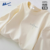 回力（Warrior）纯棉t恤男秋冬新款重磅运动上衣男士宽松打底长袖体恤 浅米  L