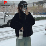 皮尔卡丹皮毛一体秋冬季新款水貂绒外套女短款保暖立领环保獭兔毛时尚外套 黑色高品质 L 建议120-138斤