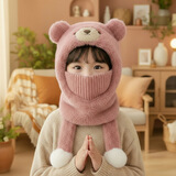 途尊一捏会响毛线针织帽冬季儿童帽子围脖面罩一体帽毛绒小熊保暖帽子 一捏就响【粉色】围脖面罩一体帽