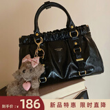 南风Chio2nd黑皮大小姐托特包复古秋季褶皱手提包女款通勤单肩斜挎包 图片色【拍下送小狗挂件】