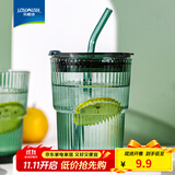 乐唯诗（NERVISHI）玻璃杯高颜值水杯透明玻璃牛奶杯带把ins风奶茶杯早餐杯茶杯 墨绿竹节吸管杯-380ml1只