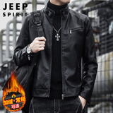 JEEP SPIRIT吉普皮衣男秋冬季宽松外套男士立领痞帅机车皮夹克 黑色 2XL