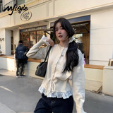 MJ STYLE假两件蕾丝针织毛衣女2026秋冬装新款收腰小个子短款开衫外套上衣