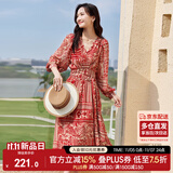 尚都比拉春秋中长款印花红色连衣裙气质女神范显瘦度假裙子 红花 M 