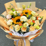 插画鲜花速递向日葵玫瑰混搭花束送女友老婆生日礼物全国同城配送 11朵香槟2朵向日葵混搭花束