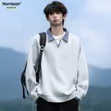 Homlean假两件翻领卫衣春季男美式潮流百搭宽松休闲上衣HP02麻灰色L