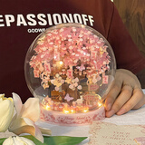 贝乐迪香槟玫瑰永生花积木盆栽DIY拼装玩具520情人节送男女孩生日礼物 樱花树下+氛围灯+升级版圆形罩