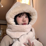 笙格儿帽子围巾一体秋冬季保暖毛绒帽加厚仿兔毛可爱学生护耳帽子冬天女 帽子围巾手套一体-米色 均码