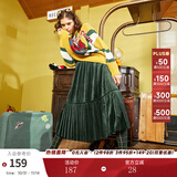 两三事丝绒半身裙春季女黑色百褶裙裙子复古半裙长裙 开心自转体 绿色 厚款 L