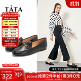 他她（TATA）方头乐福鞋女休闲平底一脚蹬小皮鞋女单鞋春秋款FLC22AM4 黑色 34