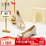 红蜻蜓秋冬女士粗跟小香风皮鞋职业通勤妈妈鞋高跟鞋WFB31540 米白色 34