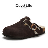 Devo的沃软木包头勃肯鞋毛毛拖鞋加绒内里半包半拖休闲情侣鞋66001 深棕反绒皮+羊毛 37 （建议正码正拍）