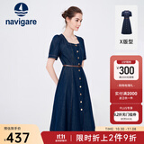 Navigare意大利小帆船短袖连衣裙女士夏季百搭A字裙时尚显瘦复古牛仔长裙 海军蓝 XL 码