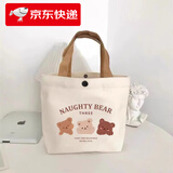 上班杂物小拎包 新款小熊帆布包女印花百搭学生便携手提袋 加厚帆布【小熊微笑】