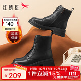 红蜻蜓马丁靴女秋冬保暖厚底英伦风短靴休闲瘦瘦靴WTC43480黑色绒里39
