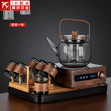 正扬胡桃木电陶炉煮茶炉高档北美玻璃茶具煮茶壶养生烧水壶泡茶器 胡举物如意提六竹环+架长琴黑