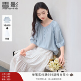 香影中袖衬衫女圆领2025夏装新款慵懒泡泡袖气质淑女宽松蓝色上衣 蓝色 L 165/88A/110-125斤