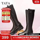 他她（TATA）厚底长筒靴女靴英伦加绒保暖骑士靴高筒靴秋冬新WXK02DG3 黑色(单里) 37